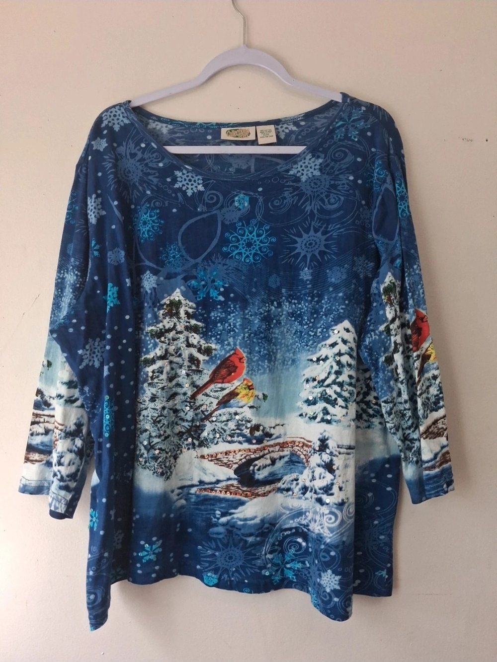 Collections Etc Blue Winter Cardinal Sequin Top 2X Holiday Christmas Snow Scene